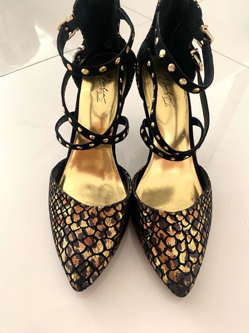 Thalia Sodi Studded Strappy Pointed-Toe Pumps - Black & Gold